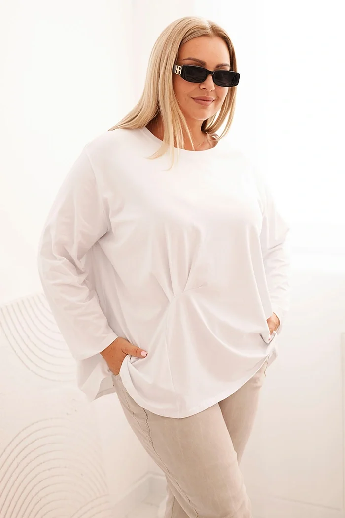 Bluzka damska plus size z bawełną z długim rękawem i marszczeniem biała Biały