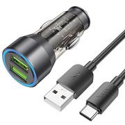 Akcesoria do smartwatchy - HOCO ładowarka samochodowa 2 x USB QC 3.0 18W + kabel USB do Typ C NZ12 transpatentny czarny - miniaturka - grafika 1