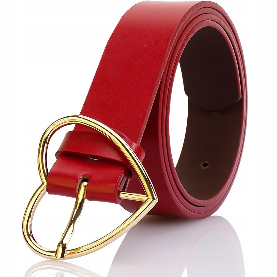 Skórzany Pasek Czerwony DAMSKI DUŻA ZŁOTA KLAMRA