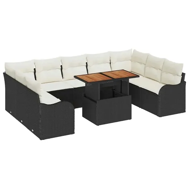 Zestaw sof ogrodowych, 10-elementowy, czarno-kremowy, rattan