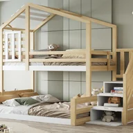 Łóżka dla dzieci i młodzieży - Łóżko piętrowe z litego drewna 90x200cm + 140x200cm - z barierkami i schowkiem - Białe i naturalne - miniaturka - grafika 1