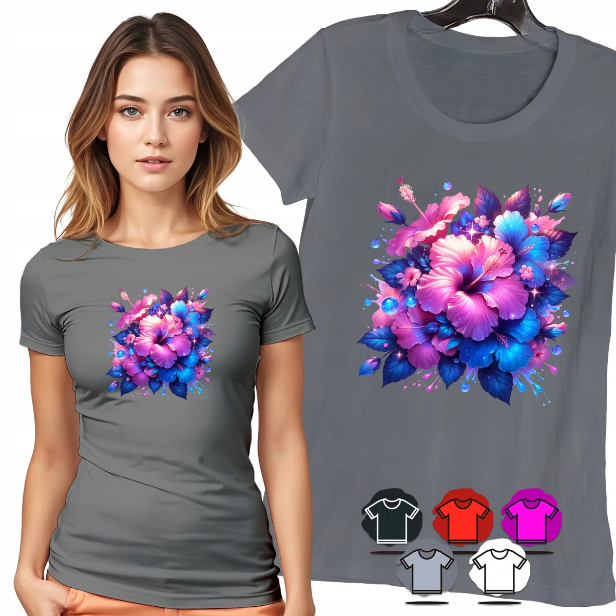 KOSZULKA DAMSKA T-SHIRT - BUKIET FIOLETOWYCH KWIATÓW DAMSKI WZÓR MODNY - S