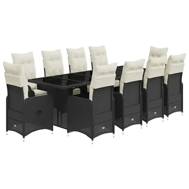 Czarny zestaw bistro z rattanu PE, 240 x 90 x 75 cm, 10 krzeseł z poduszka