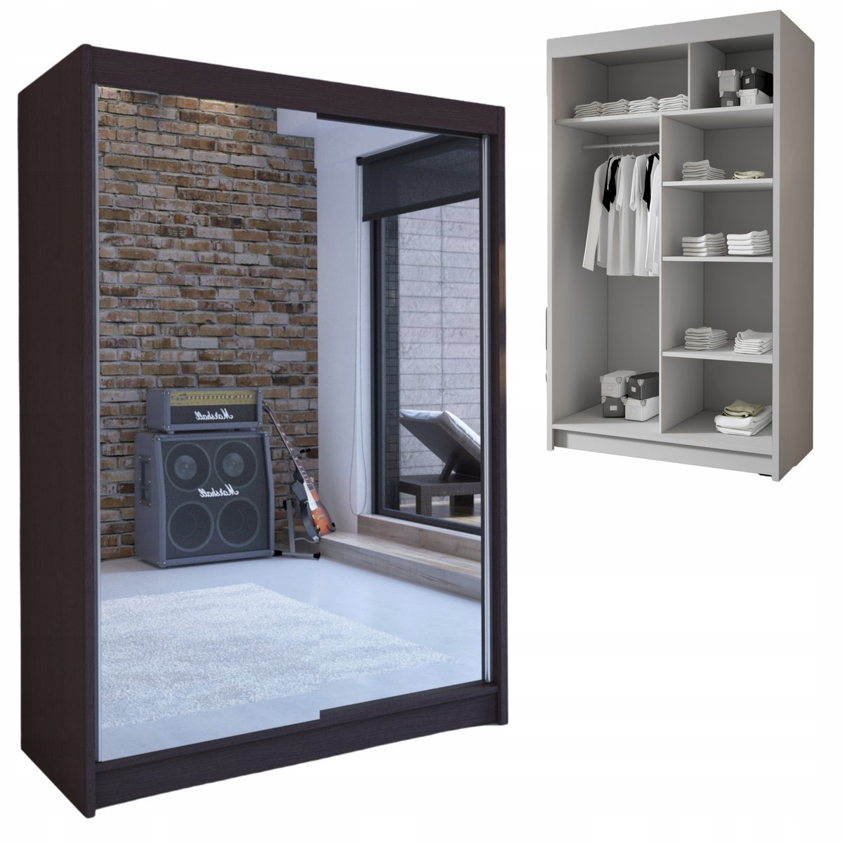 SZAFA przesuwna z 2X LUSTREM GARDEROBA COSTA 150cm pojemna PÓŁKI drążek