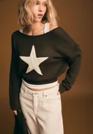 Swetry damskie - Stradivarius Sweter z dzianiny asymetryczny w gwiazdki Khaki XL - miniaturka - grafika 1