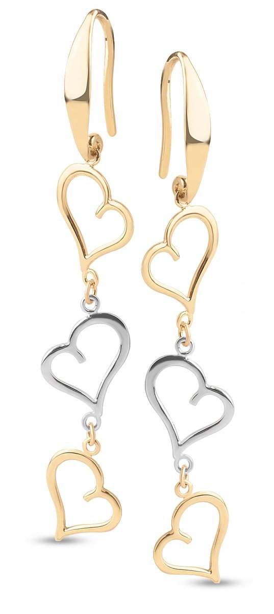 PIĘKNE ZŁOTE KOLCZYKI WISZĄCE TRZY SERCA HEART 585