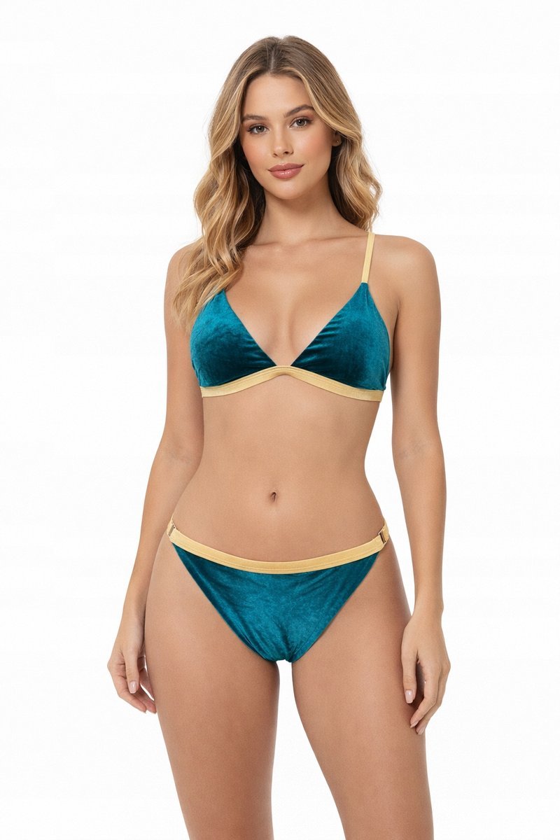 TURKUSOWY DAMSKI STRÓJ KĄPIELOWY DWUCZĘŚCIOWY ZŁOTE WYKOŃCZENIE BIKINI S