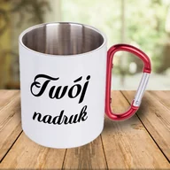 Kubki - Biały, metalowy kubek z czerwonym karabińczykiem z Twoim nadrukiem - miniaturka - grafika 1