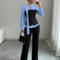 Koszule damskie - TEMU Bluzka Damska z Eleganckim Kolorowym Bem i Stójką - Długi Rękaw, Koszula na Guziki w Jasnoniebieskim i Czarnym, Wszechstronna Bluzka na - miniaturka - grafika 1