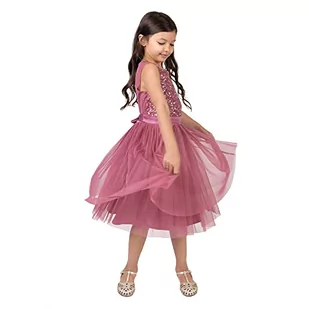 Maya Deluxe Dziewczęca sukienka midi z cekinami zdobiona impreza tutu druhny ślub z kokardą na pasek, Pustynna róża, 5-6 lat - Sukienki - miniaturka - grafika 1