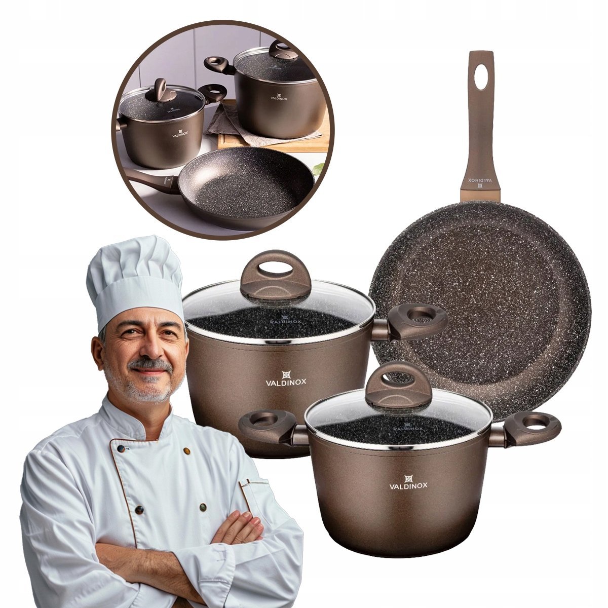 Zestaw garnków i patelnia non-stick komplet indukcja gaz Valdinox Aurum 5el