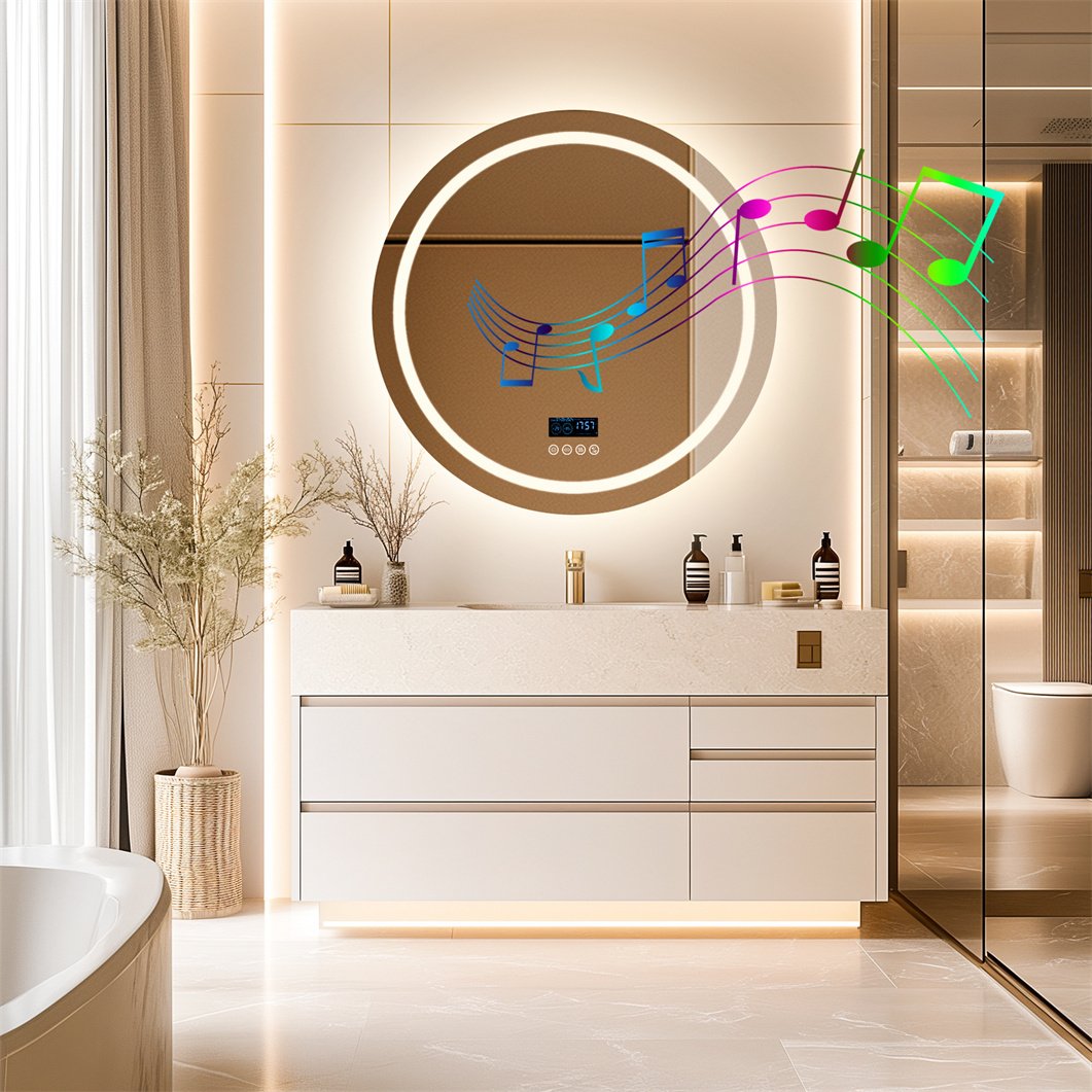 WISFOR Lustro łazienkowe LED z głośnikiem Bluetooth, lustro łazienkowe 80×80 cm z oświetleniem 3 kolory światła, lustro ścienne LED ściemniane bez mgły, dotykowe