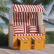 Meble ogrodowe - Lumarko Kosz plażowy z poduszkami, rattan PE i drewno, czerwono-biały - miniaturka - grafika 1