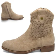 Botki damskie - Botki Damskie Ażurowe na Lato Zamszowe Beżowe z zamkiem Modne Barski 39 - miniaturka - grafika 1