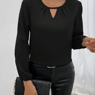 Koszule damskie - TEMU Elegancka koszulka damska w jednolitym kolorze z długim rękawem, małym dekoltem w serek i plisowanymi brzegami rękawów, wykonana z lekkiej - miniaturka - grafika 1