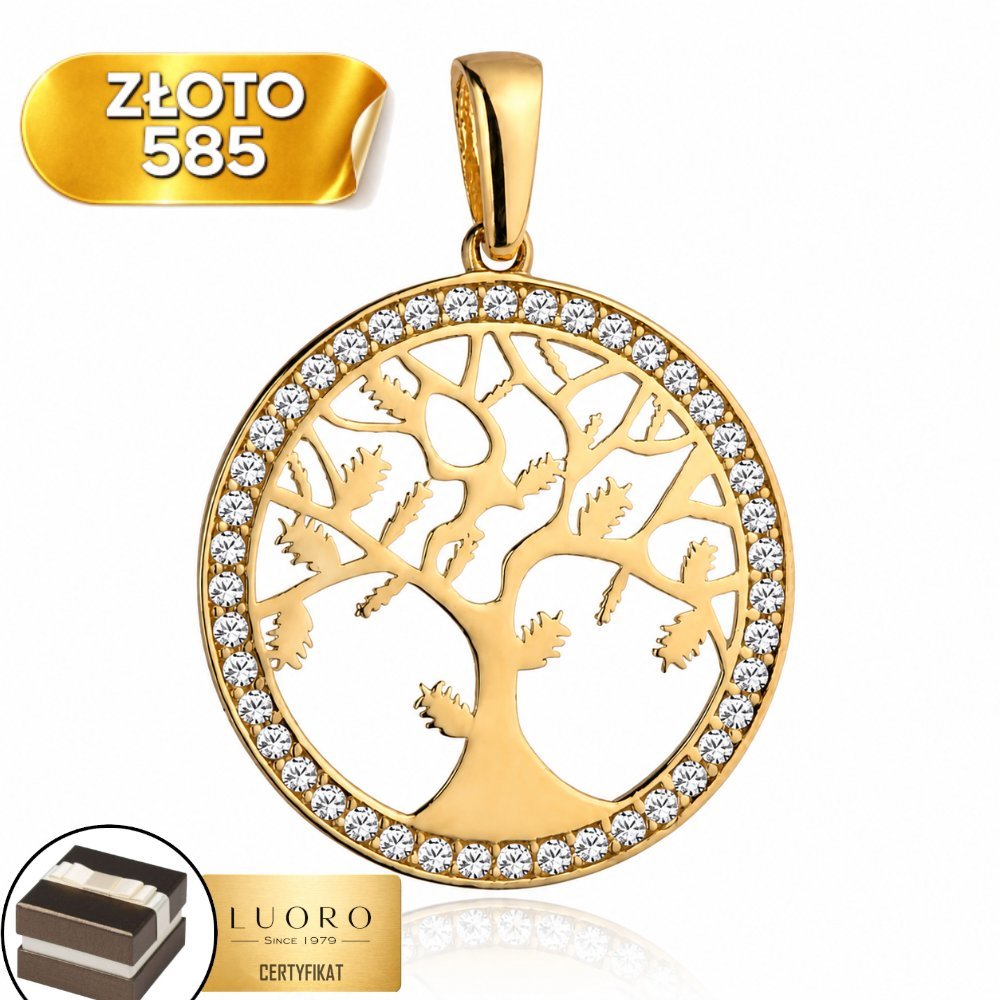 ZAWIESZKA ZŁOTA 585 14K DRZEWKO SZCZĘŚCIA W KOLE Z CYRKONIAMI 2,5 CM