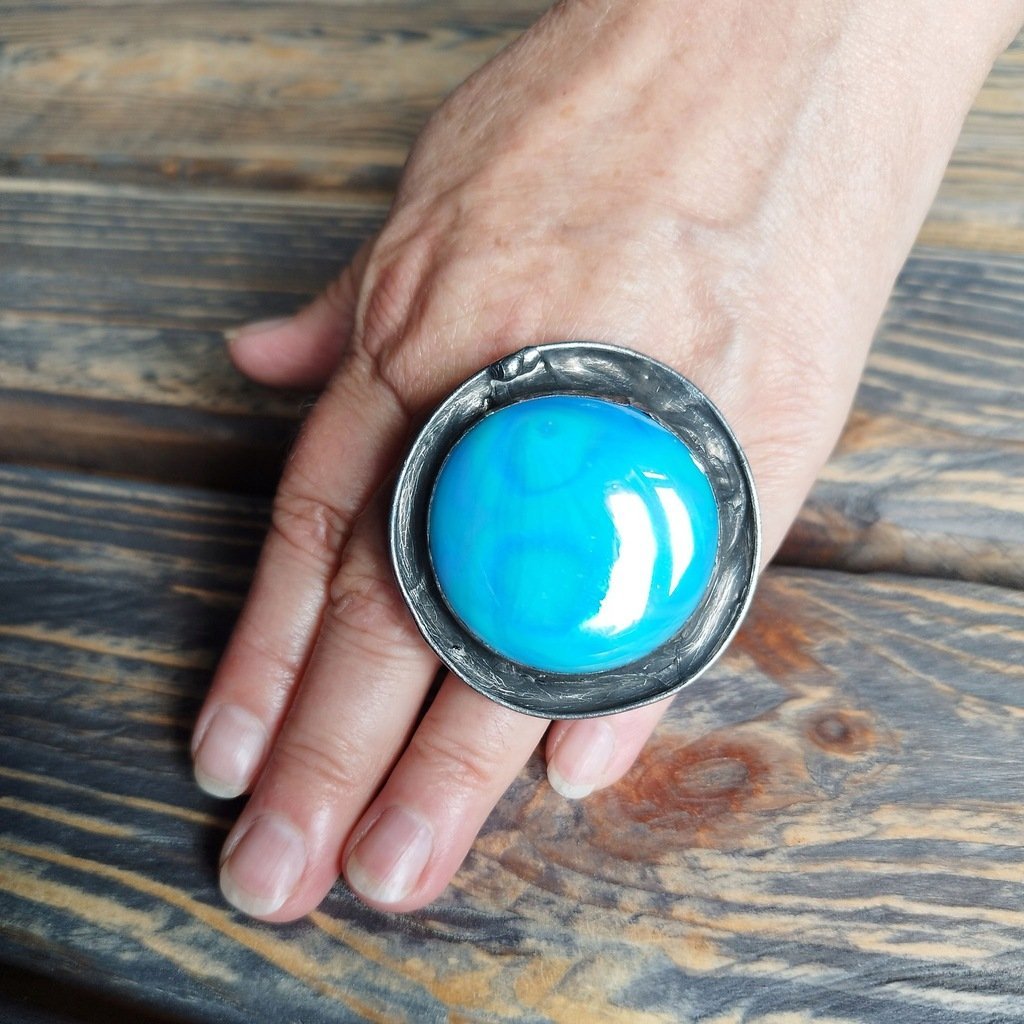 Okazały duży błekitny - regulowany pierścionek witrażowy