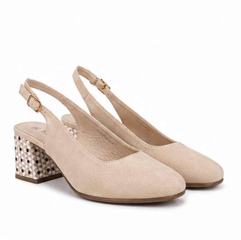 Beżowe czółenka slingback na słupku z geometrycznym wzorem 39
