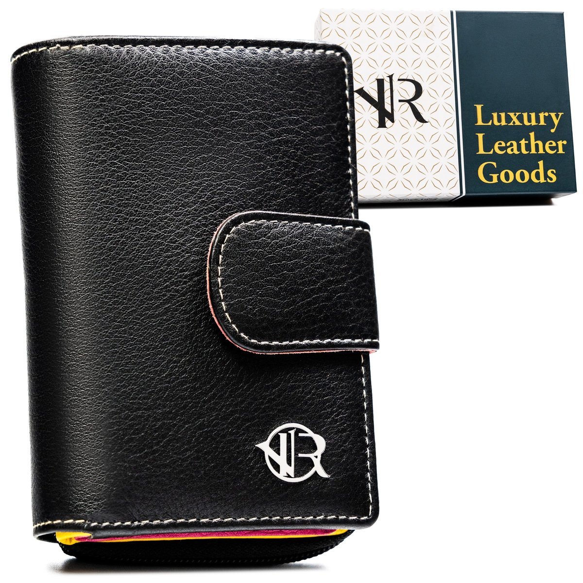 Pionowy skórzany czarny portfel damski ROVICKY kolorowy środek portmonetka na zatrzask i suwak rozbudowany na karty pudełko prezentowe ochrona RFID ..