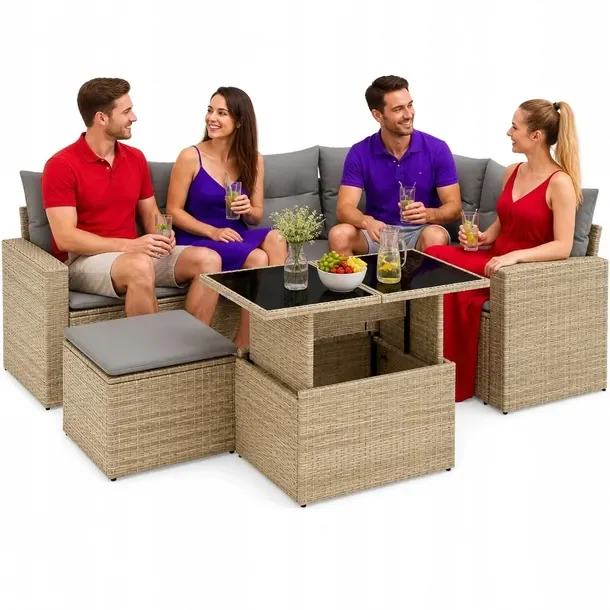 Zestaw mebli ogrodowych modułowych beżowy, rattan PE, wymiary 62x62x69 cm