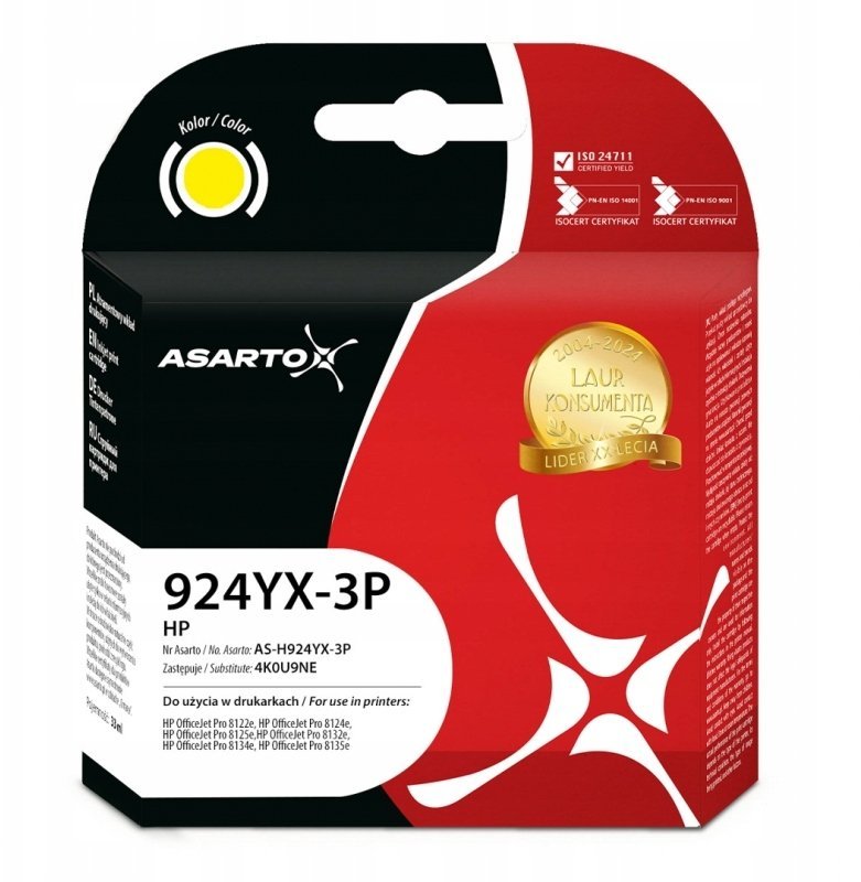 Tusz Asarto Tusz do HP 924e 3-PACK 4K0U9NE 924YX-3P 3*800 str. yellow AS-H924YX-3P