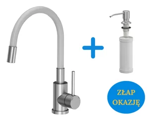 Quadron POP Bateria zlewozmywakowa stalowa MAGGIE z elastyczną białą wylewką plus dozownik okrągły do płynu KEIRA SteelQ kolor stal szczotkowana - Baterie kuchenne - miniaturka - grafika 1