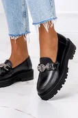 Mokasyny damskie - Czarne mokasyny skórzane damskie na bieżnikowanej platformie z ozdobą PRODUKT POLSKI Casu 2383-100-NO-37 - miniaturka - grafika 1
