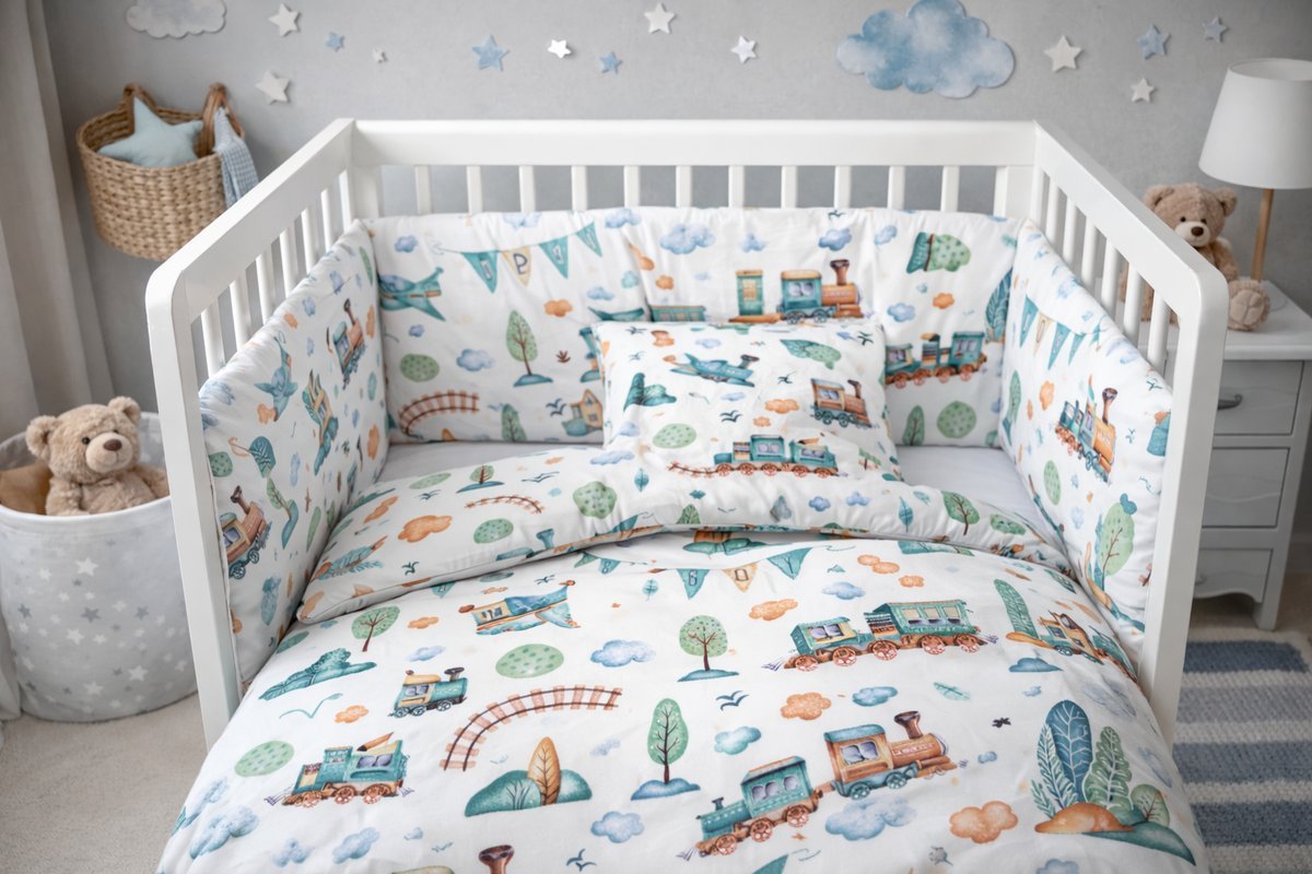 Pościel bawełniana 135x100 + poszewka 40x60 zapakowana pastelowe pociągi