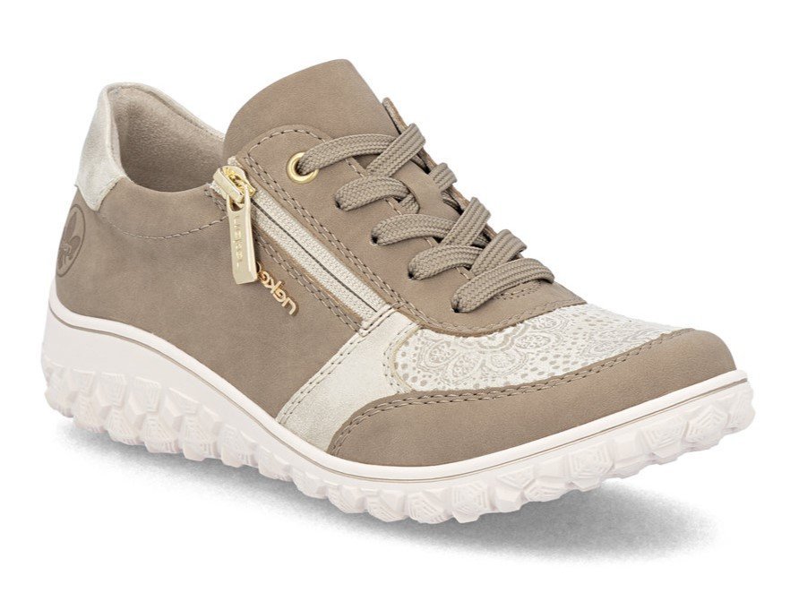 Półbuty damskie beżowe Rieker 59502-62 na haluksy z zamkiem tęgość H-42