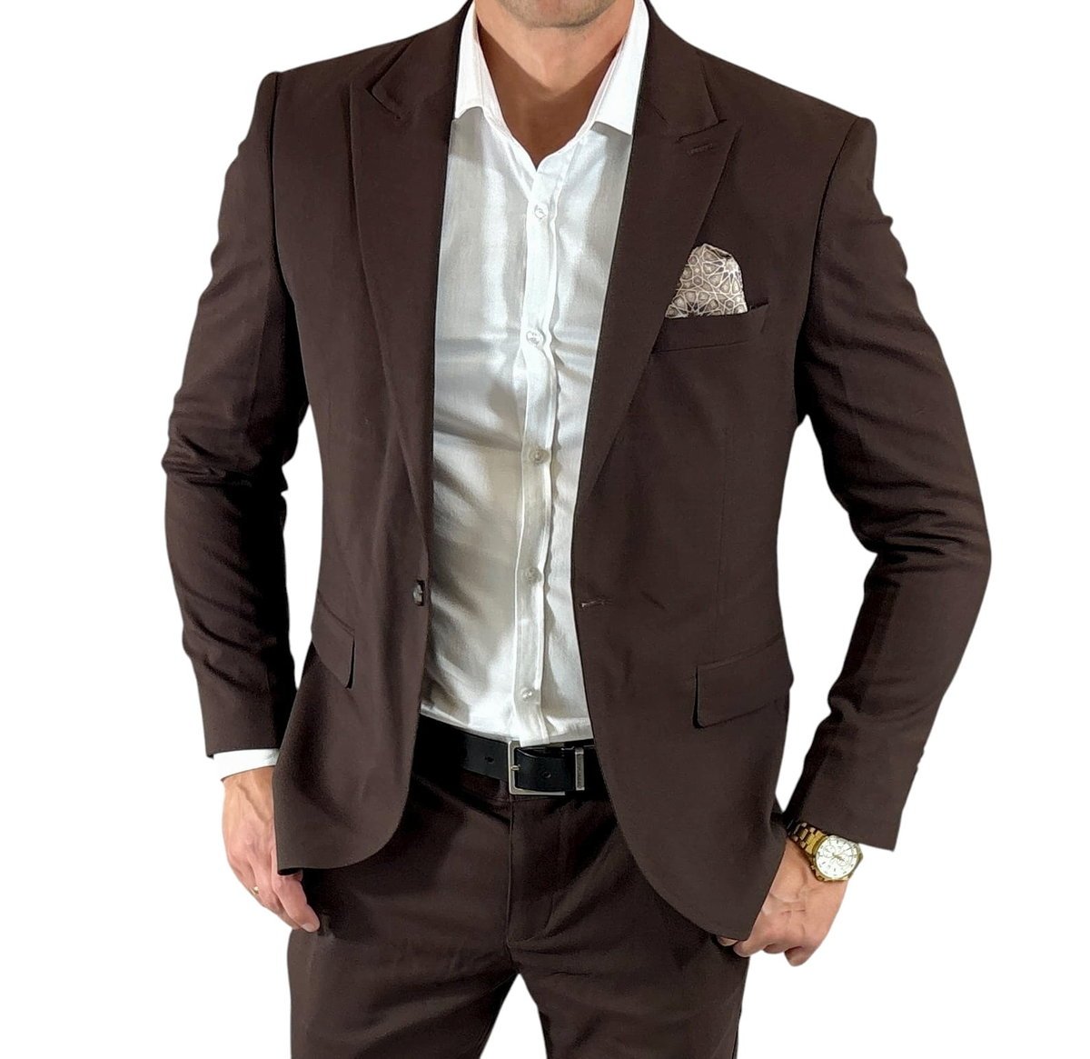 Marynarka jednorzędowa taliowana gładka brązowa/czekoladowa DJM014 52