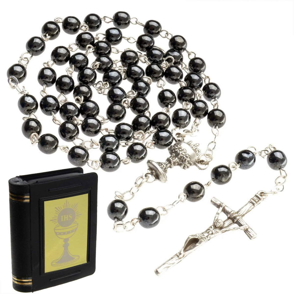 RÓŻANIEC KOMUNIJNY GRAFITOWY DLA CHLOPCA I KOMUNIA HEMATYT+ ETUI