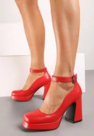 Czółenka - Czerwone Czółenka na Geometrycznym Obcasie i Platformie z Paskiem Wokól Kostki Firisya - miniaturka - grafika 1