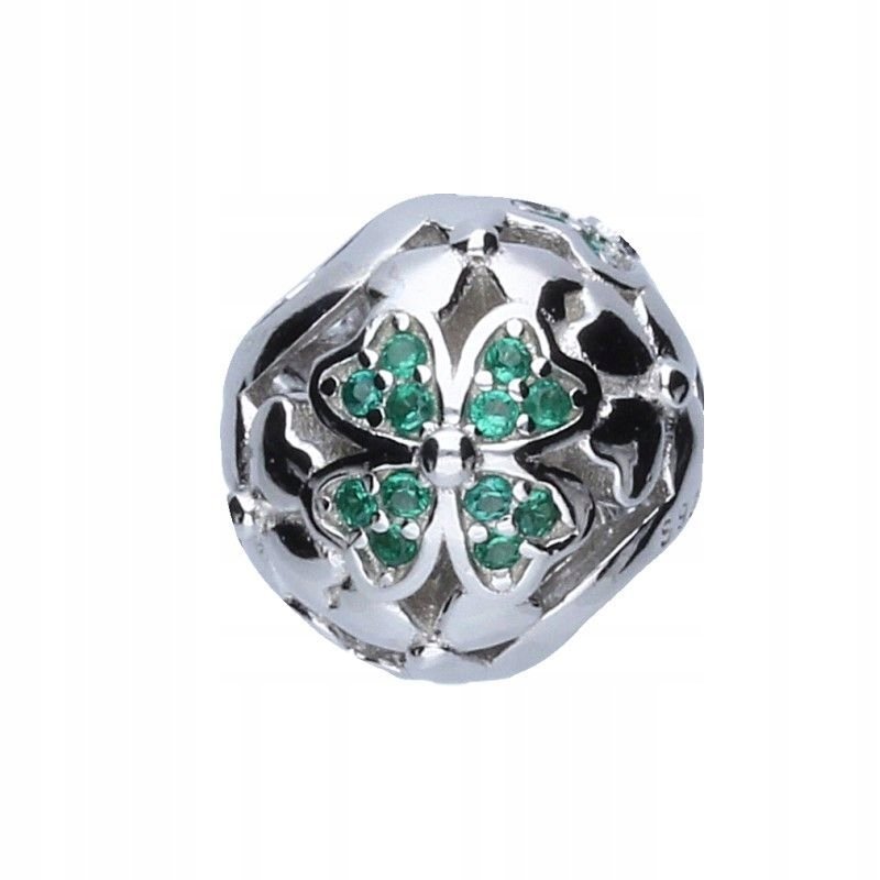 Zawieszka bead do bransoletki srebro 925 cyrkonie zielone koniczynka 3mm
