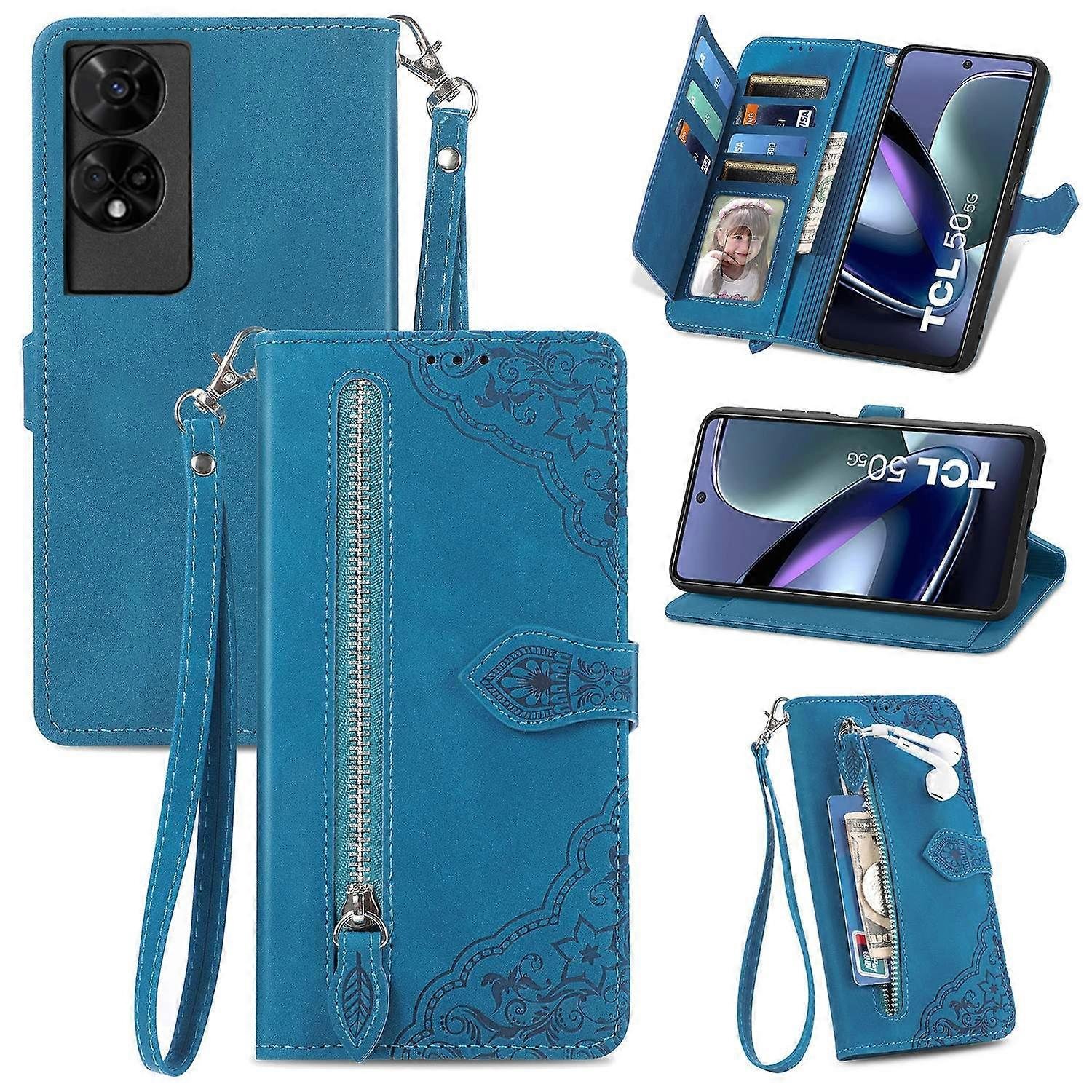 Do etui TCL 50 5G Portfel na zamek błyskawiczny PU Skórzany kwiatowy pokrowiec na telefon Wielobarwny Style C