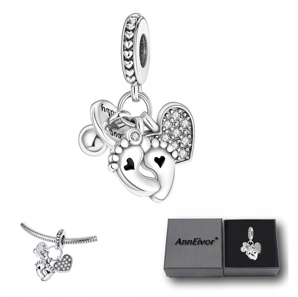 Zawieszka Modułowa Srebrny S925 Urodziny Dziecka Małe Stópki Smoczek Serce