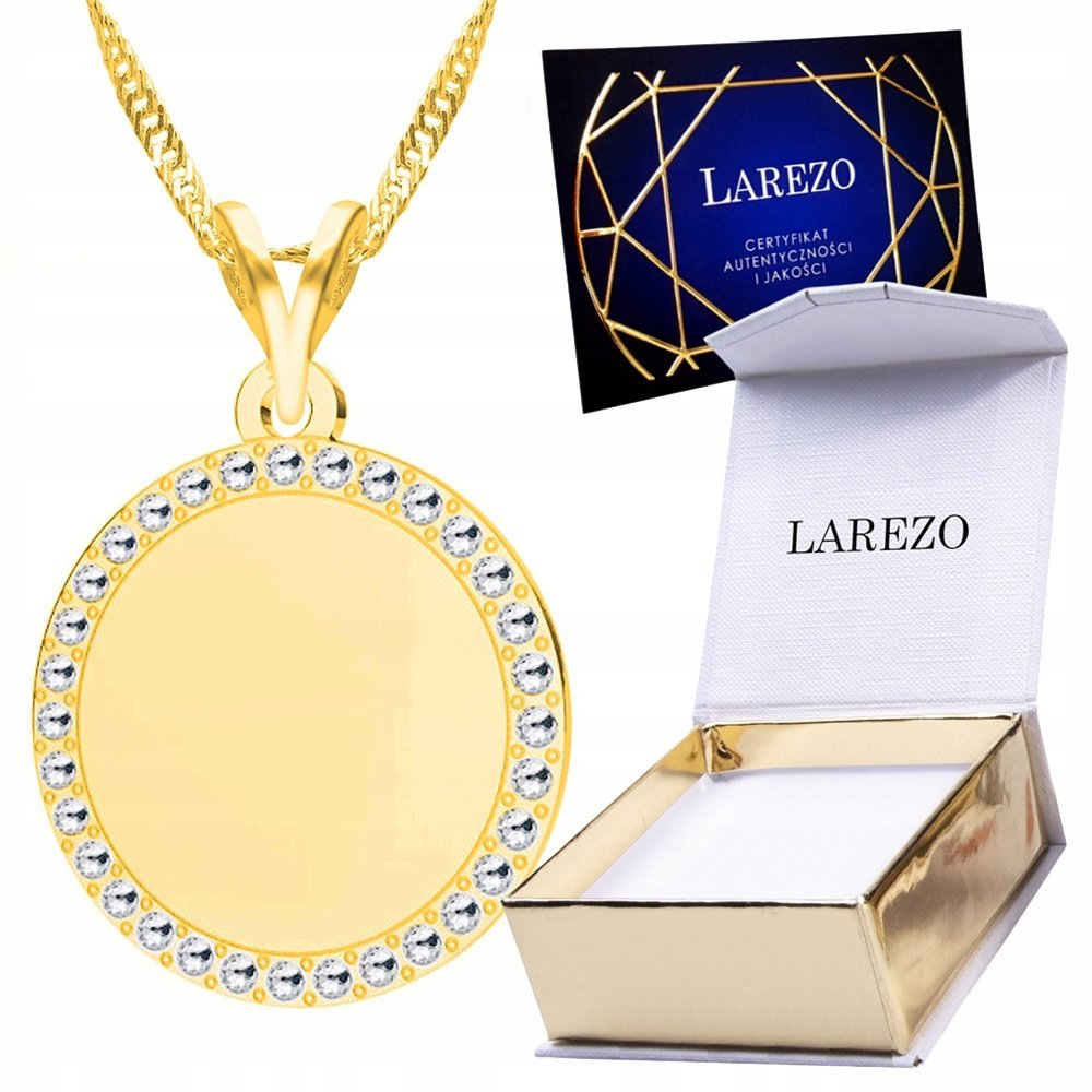 Złoty Naszyjnik 925 Blaszka Kółko Lśniące Kryształki Cyrkonie Pozłacany 24K