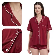 Piżamy damskie - PIŻAMA ELEGANCKA DWUCZĘŚCIOWA PRZEBRANIE KRÓTKA BORDO Z BIAŁĄ BIZĄ XL - miniaturka - grafika 1