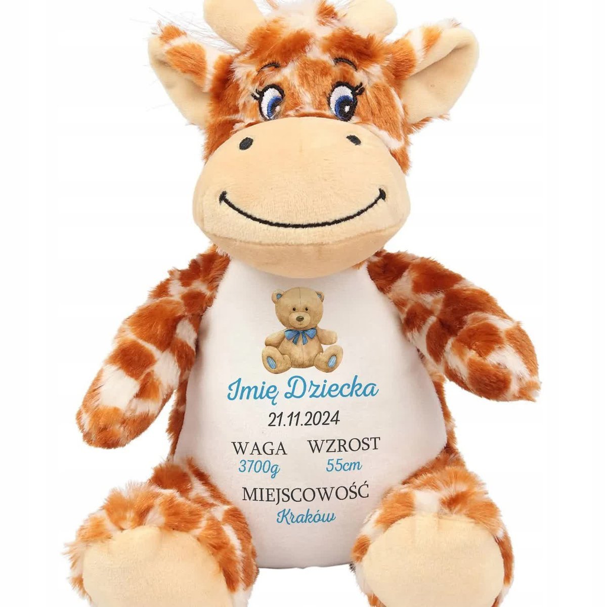 ŻYRAFA PRZYTULANKA Dla Dziecka Personalizowane DLA NOWORODKA Niebieskie Wz