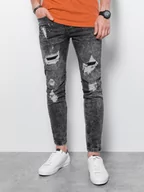 Spodnie męskie - Spodnie męskie jeansowe z dziurami SLIM FIT - szare V2 P1065 - miniaturka - grafika 1