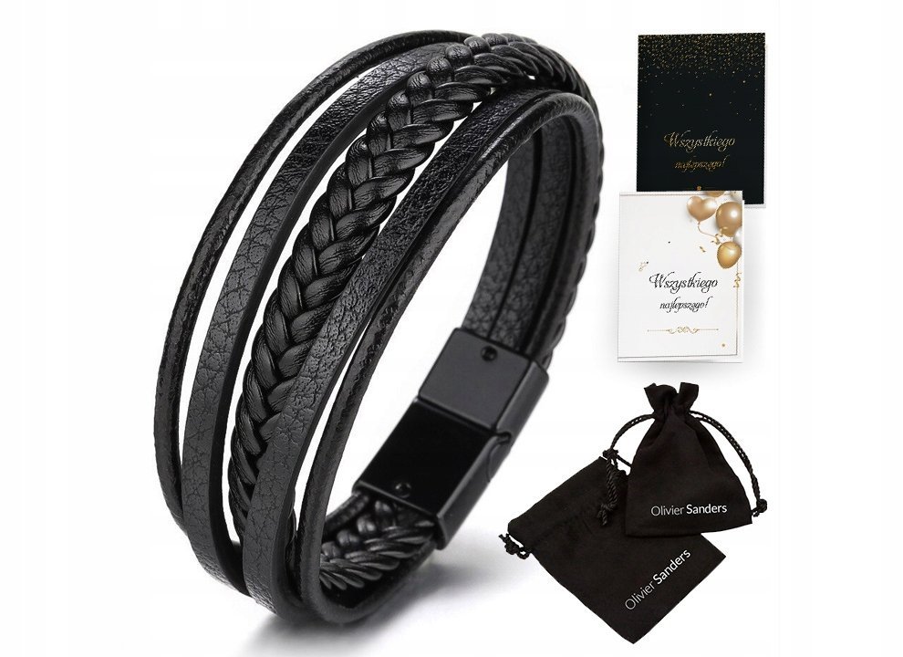 Skórzana Bransoletka Męska Czarna Skóra Tytanowa