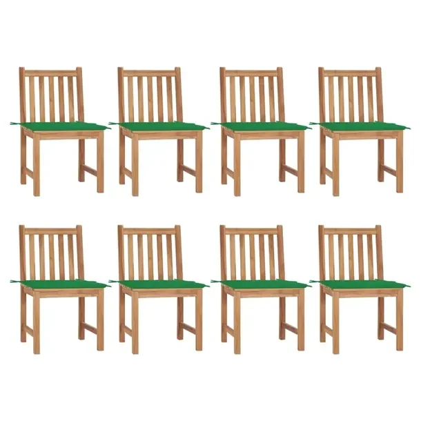 Zestaw 8 krzeseł ogrodowych z drewna tekowego z zielonymi poduszkami 50x53