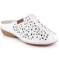 Klapki i japonki damskie - Skórzane klapki pełne z gumką ażurowe białe Rieker 65996-80 - miniaturka - grafika 1