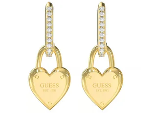 Kolczyki GUESS pozłacane serca z cyrkoniami i napisem angielskie zapięcie PAVE HEART LOCK - Kolczyki - miniaturka - grafika 1