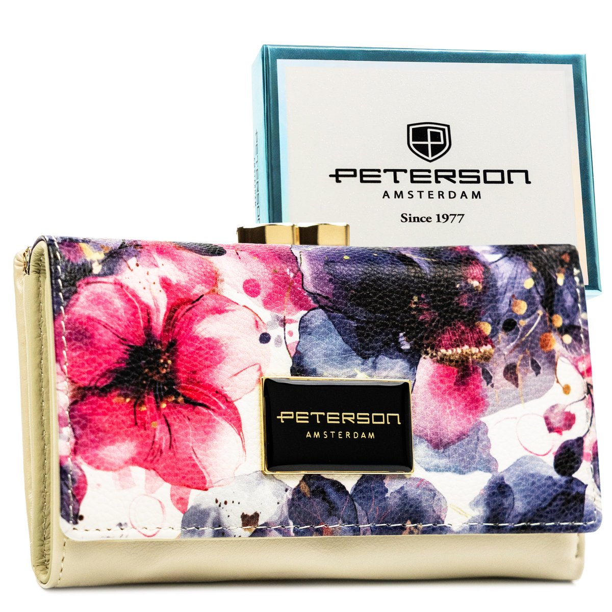 Portfel damski skórzany na bigiel ochrona RFID pudełko na prezent Peterson w kwiaty