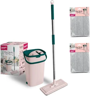 Mop YORK płaski wyciskany do mycia podłóg HANDY + wiadro dwukomorowe + kij składany + 2 wkłady zapasowe - Miotły, szufle, mopy - miniaturka - grafika 1