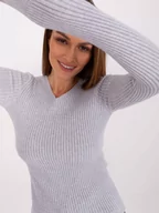 Swetry damskie - Sweter klasyczny szary dekolt w kształcie V rękaw długi materiał prążkowany - miniaturka - grafika 1