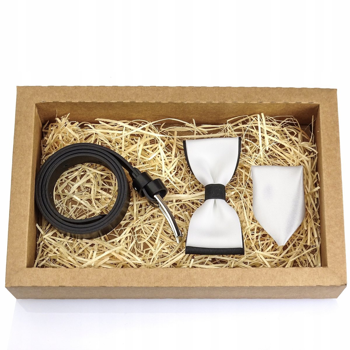 Zestaw PASEK CZARNY SKÓRZANY Gracio MUCHA CHŁOPIĘCA BIAŁA POSZETKA KOMUNIA