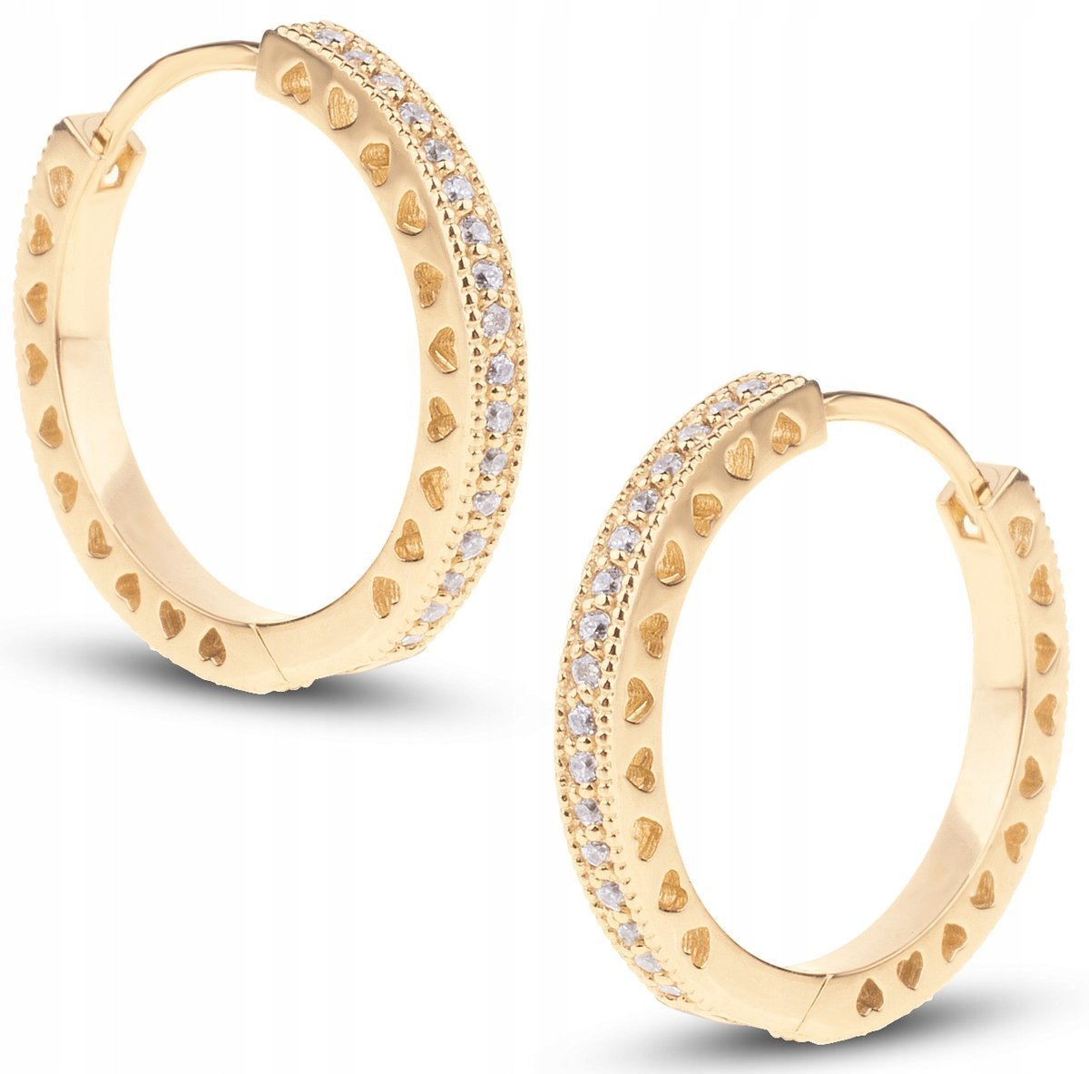 ZŁOTE KOLCZYKI KÓŁKA Z CYRKONIAMI I SERCAMI 333