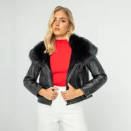 Kurtki damskie - Damska kurtka z ekoskóry krótka czarna - miniaturka - grafika 1
