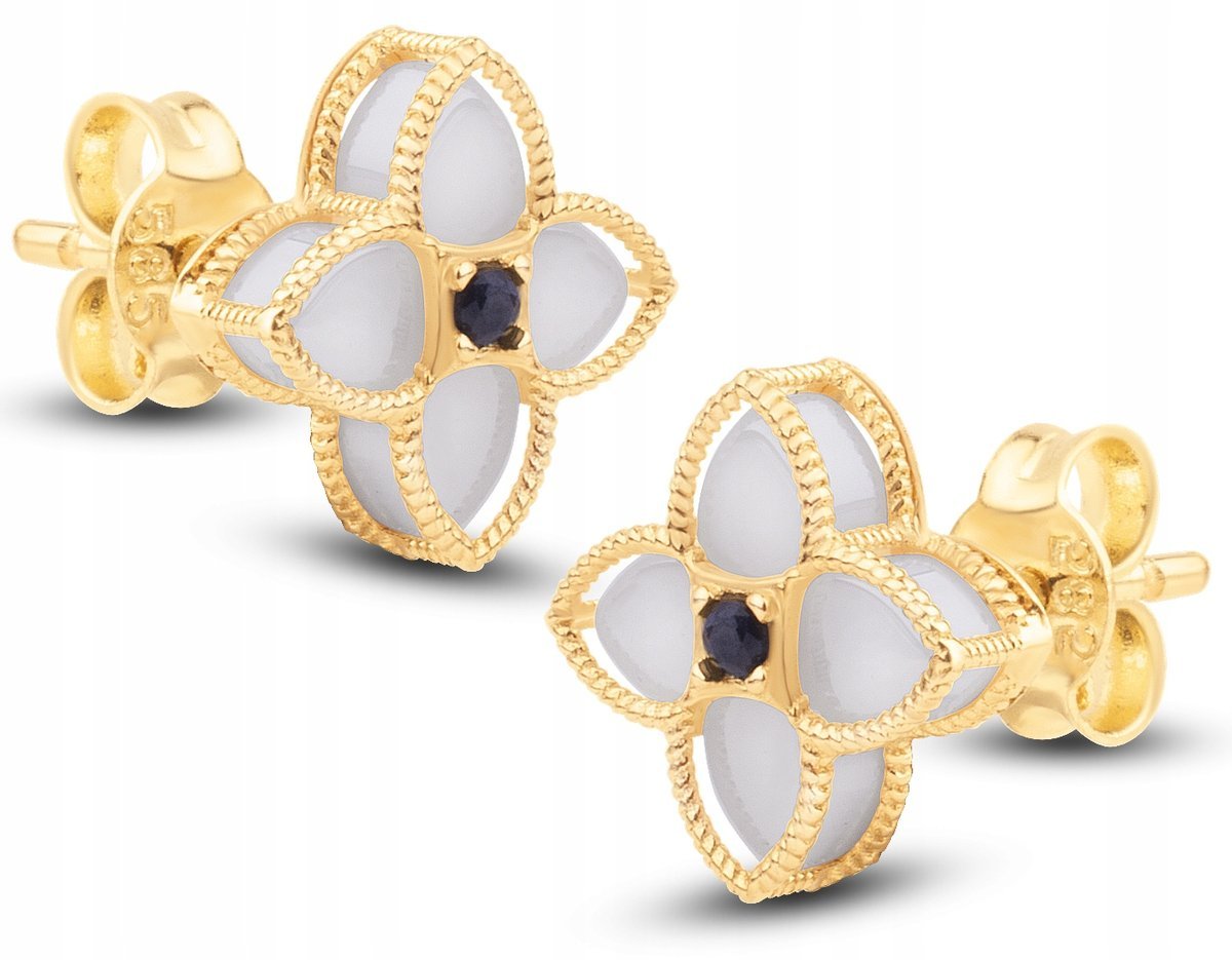 PIĘKNE ZŁOTE KOLCZYKI BIAŁE KWIATKI Z CZARNYMI CYRKONIAMI 14KT 585